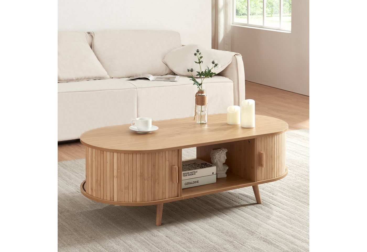 en.casa Couchtisch, »Nordkapp« mit 2 Türen 120 x 55 x 40 cm Holz Bambus – Bild 2 von 5