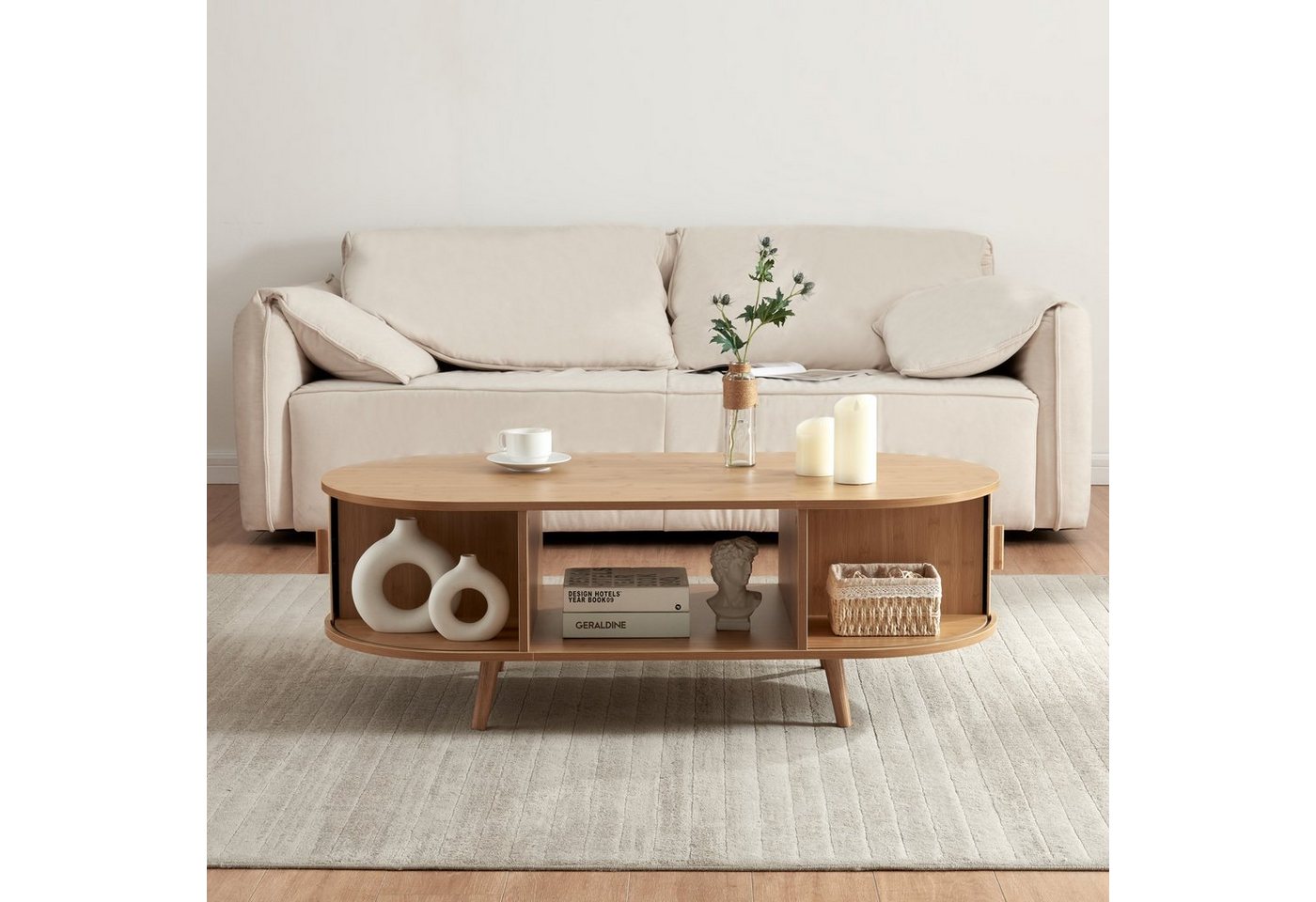 en.casa Couchtisch, »Nordkapp« mit 2 Türen 120 x 55 x 40 cm Holz Bambus – Bild 3 von 5