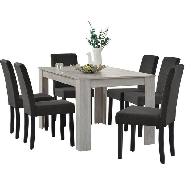 en.casa Essgruppe, (Set, 7-tlg., Esstisch mit 6 Stühlen), »Kramfors« Esstisch mit 6 x Stühle Eiche-Optik Dunkelgrau