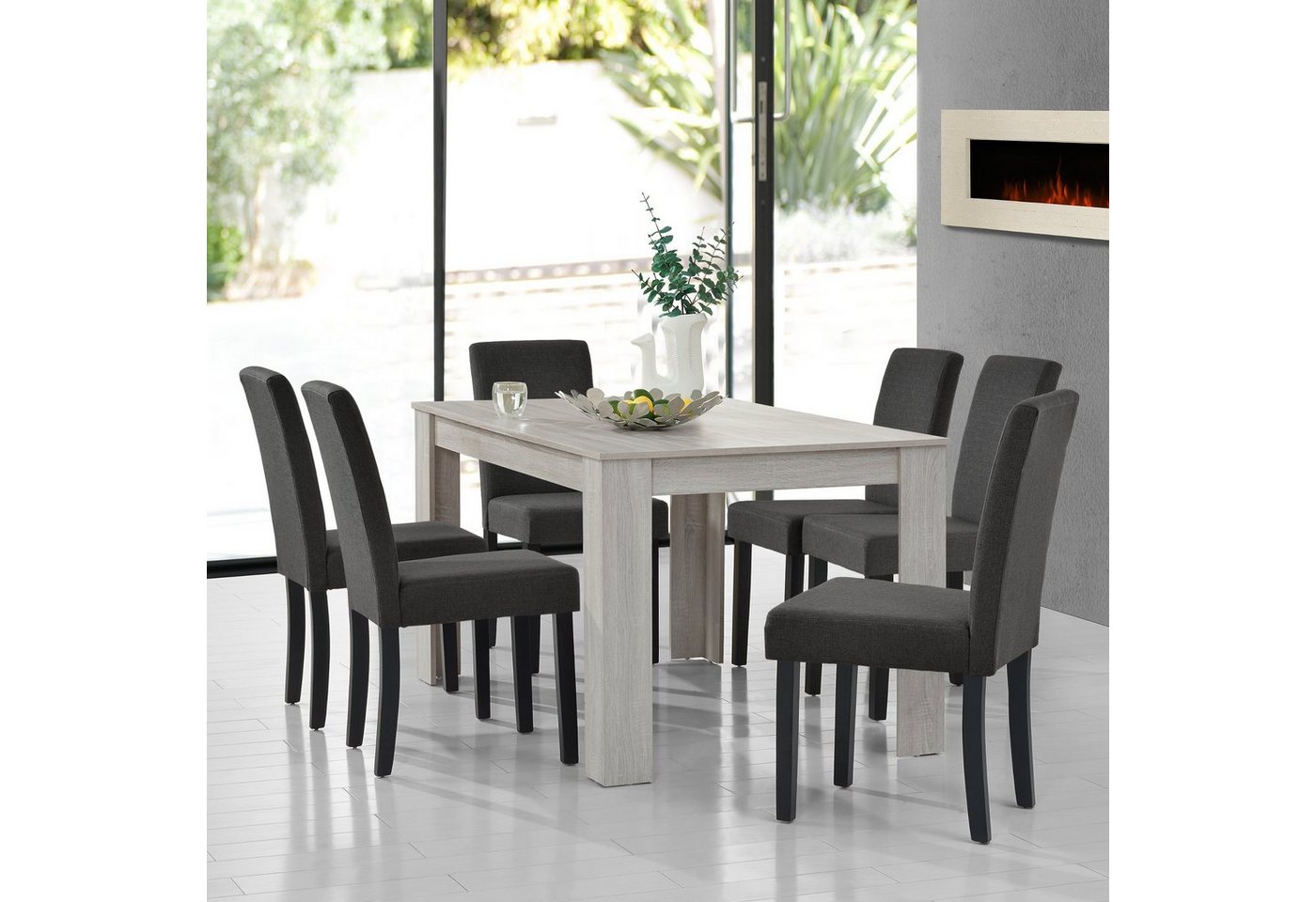 en.casa Essgruppe, (Set, 7-tlg., Esstisch mit 6 Stühlen), »Kramfors« Esstisch mit 6 x Stühle Eiche-Optik Dunkelgrau – Bild 2 von 5