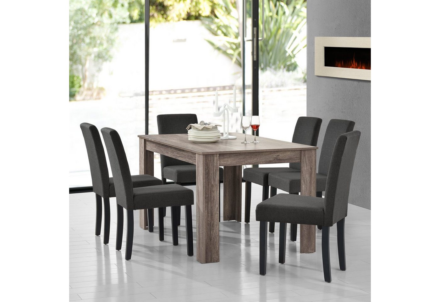 en.casa Essgruppe, (Set, 7-tlg., Esstisch mit 6 Stühlen), »Kramfors« Esstisch mit 6 x Stühle antike Eiche-Optik Dunkelgrau – Bild 2 von 5