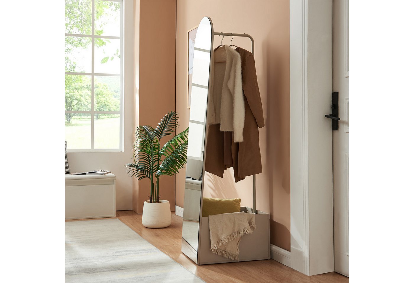 en.casa Garderobenspiegel, »Kuonta« mit Staufach und Kleiderstange 165 x 40 x 51 cm Sandfarben – Bild 2 von 5