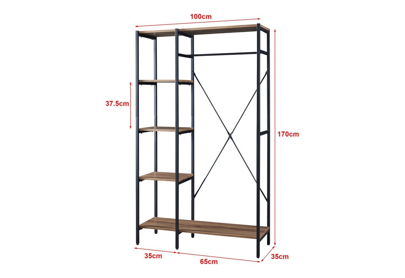 en.casa Garderobenständer, »Hvidovre« mit 4 Ablagefächern 170x100x35 cm Schwarz / Holzfarben – Bild 3 von 5