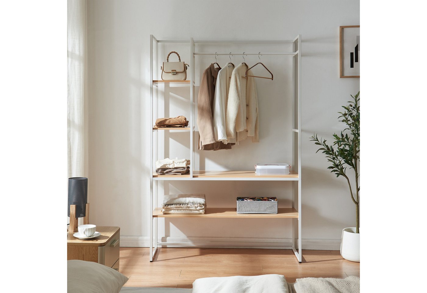 en.casa Garderobenständer, »Horgau« 1 Stange, 5 offene Fächer 180x120x40cm Weiß/Eiche – Bild 2 von 5