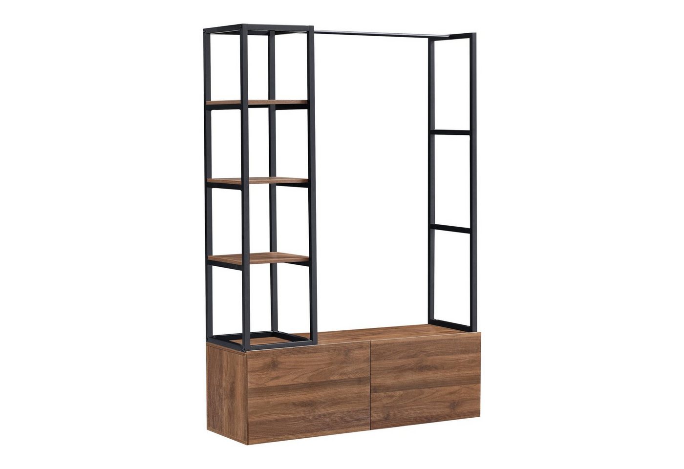 en.casa Garderobenständer, »Egmating« 1 Stange, 4 offene Fächer 180x120x40cm Schwarz/Walnuss – Bild 2 von 5