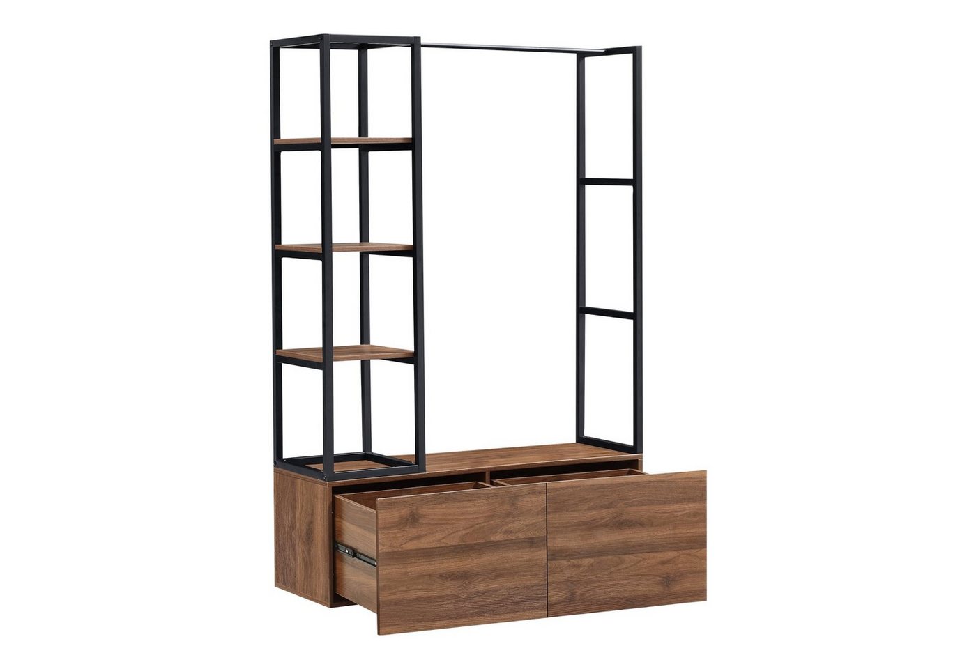 en.casa Garderobenständer, »Egmating« 1 Stange, 4 offene Fächer 180x120x40cm Schwarz/Walnuss – Bild 5 von 5