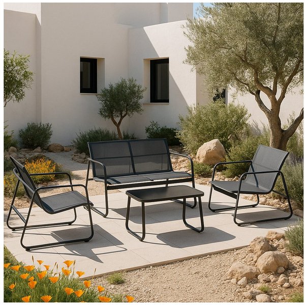 en.casa Gartenlounge-Set, »Palencia« 4-tlg. Gartengarnitur Schwarz/Hellgrau