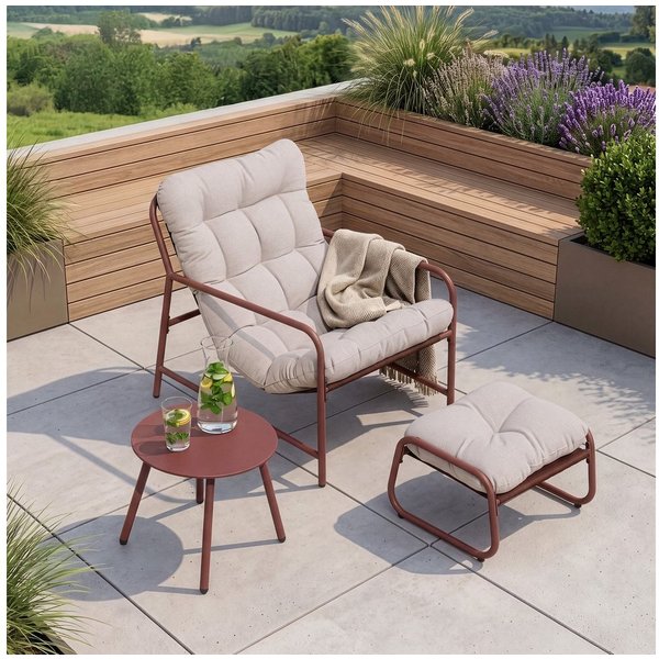 en.casa Gartenlounge-Set, (Set, 3-tlg., Gartenstuhl, Gartentisch, Fußhocker), »Trerdfjoa« Polsterkissen Metallgestell Rostfarben/Grau