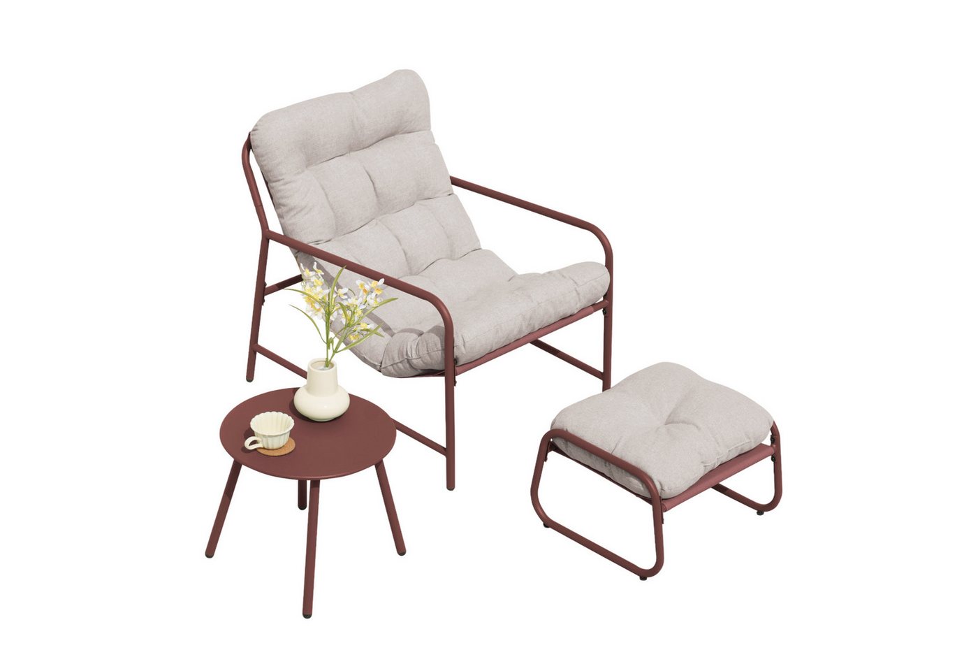en.casa Gartenlounge-Set, (Set, 3-tlg., Gartenstuhl, Gartentisch, Fußhocker), »Trerdfjoa« Polsterkissen Metallgestell Rostfarben/Grau – Bild 2 von 5