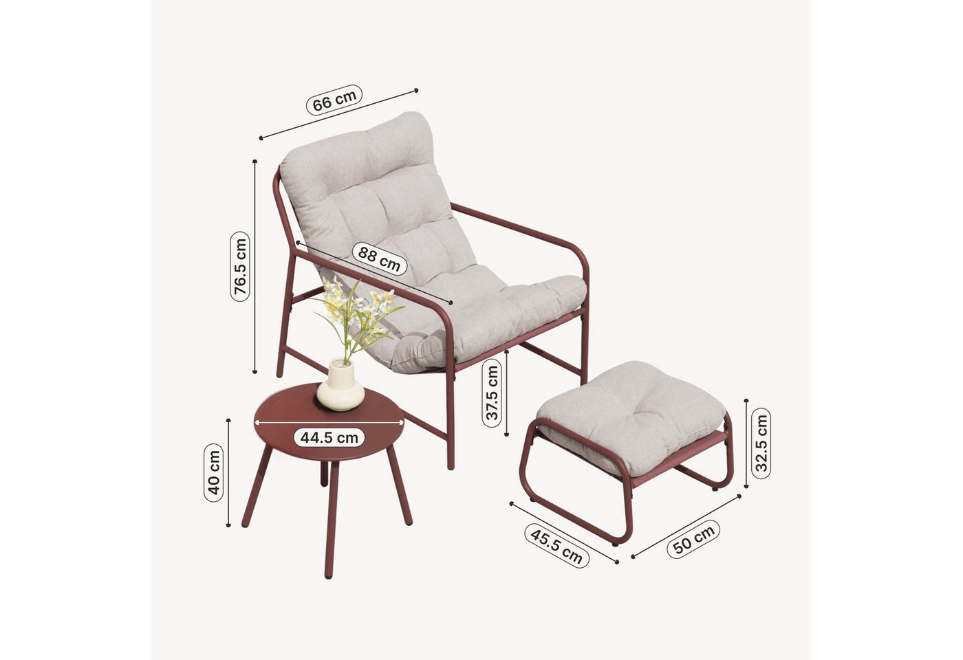 en.casa Gartenlounge-Set, (Set, 3-tlg., Gartenstuhl, Gartentisch, Fußhocker), »Trerdfjoa« Polsterkissen Metallgestell Rostfarben/Grau – Bild 3 von 5