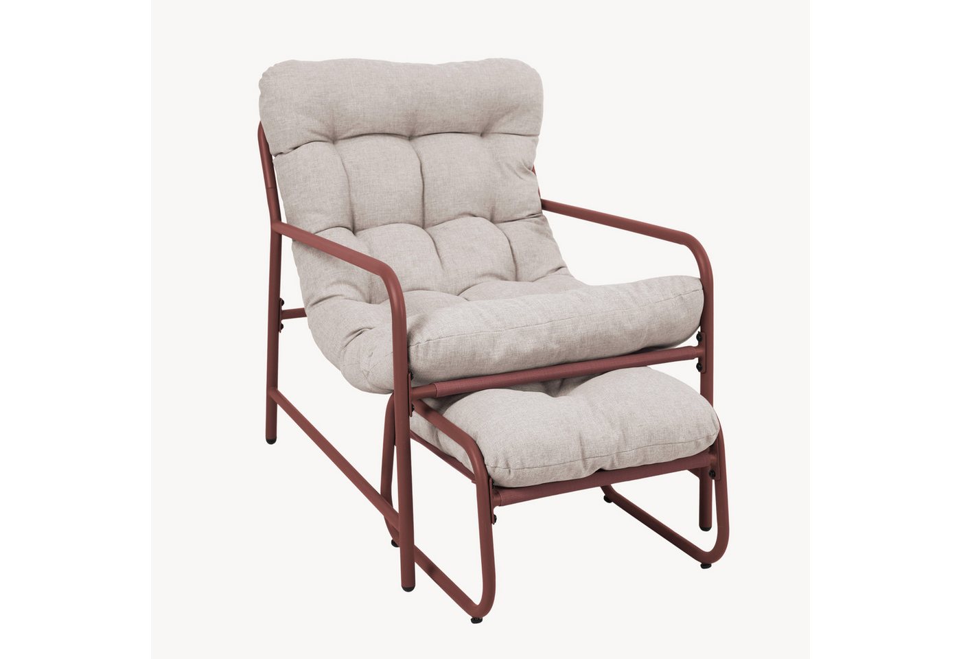 en.casa Gartenlounge-Set, (Set, 3-tlg., Gartenstuhl, Gartentisch, Fußhocker), »Trerdfjoa« Polsterkissen Metallgestell Rostfarben/Grau – Bild 5 von 5