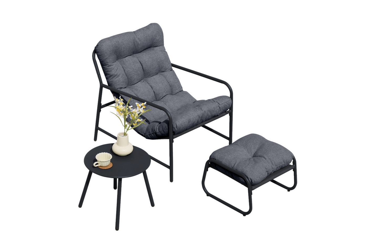 en.casa Gartenlounge-Set, (Set, 3-tlg., Gartenstuhl, Gartentisch, Fußhocker), »Trerdfjoa« Polsterkissen Metallgestell Dunkelgrau – Bild 2 von 5