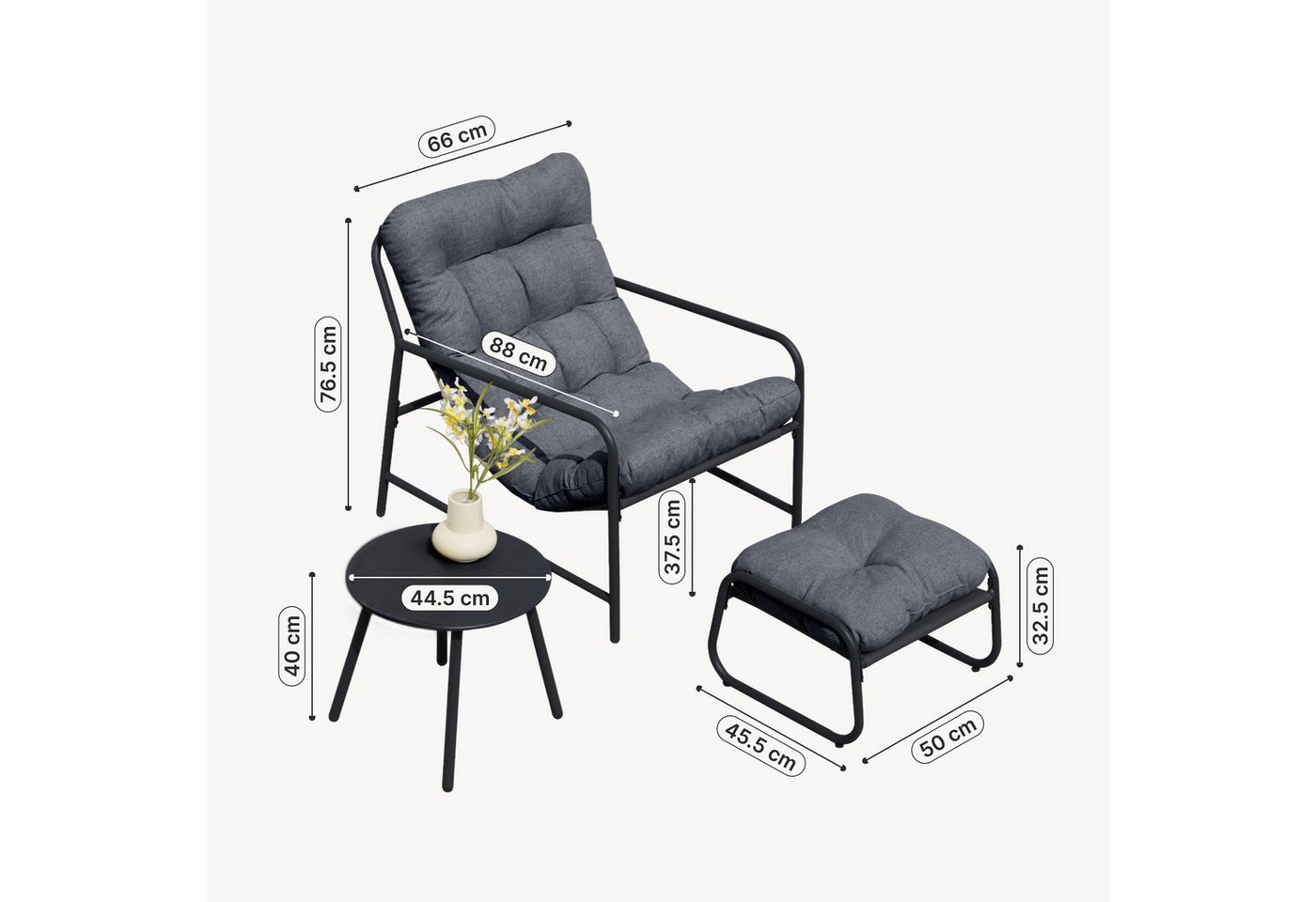 en.casa Gartenlounge-Set, (Set, 3-tlg., Gartenstuhl, Gartentisch, Fußhocker), »Trerdfjoa« Polsterkissen Metallgestell Dunkelgrau – Bild 3 von 5