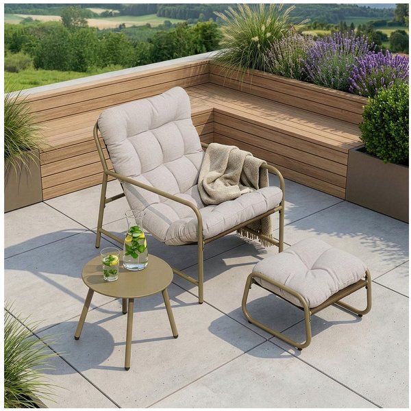en.casa Gartenlounge-Set, (Set, 3-tlg., Gartenstuhl, Gartentisch, Fußhocker), »Trerdfjoa« Polsterkissen Metallgestell Beige/Grau