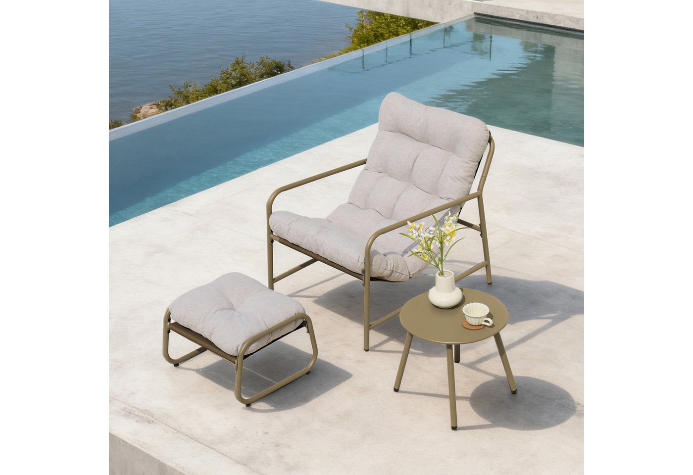 en.casa Gartenlounge-Set, (Set, 3-tlg., Gartenstuhl, Gartentisch, Fußhocker), »Trerdfjoa« Polsterkissen Metallgestell Beige/Grau – Bild 2 von 5