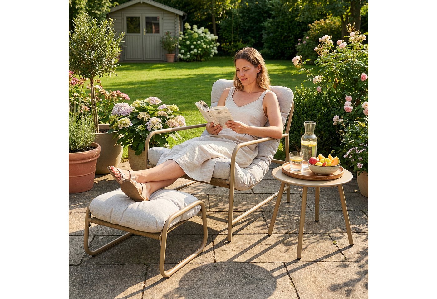 en.casa Gartenlounge-Set, (Set, 3-tlg., Gartenstuhl, Gartentisch, Fußhocker), »Trerdfjoa« Polsterkissen Metallgestell Beige/Grau – Bild 3 von 5