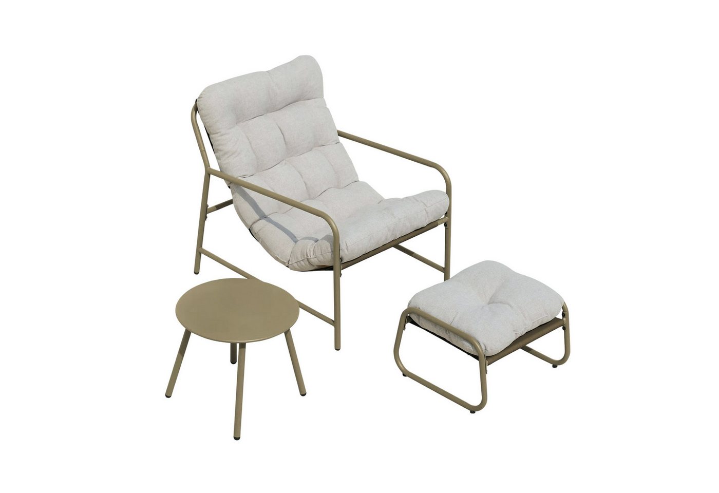 en.casa Gartenlounge-Set, (Set, 3-tlg., Gartenstuhl, Gartentisch, Fußhocker), »Trerdfjoa« Polsterkissen Metallgestell Beige/Grau – Bild 4 von 5