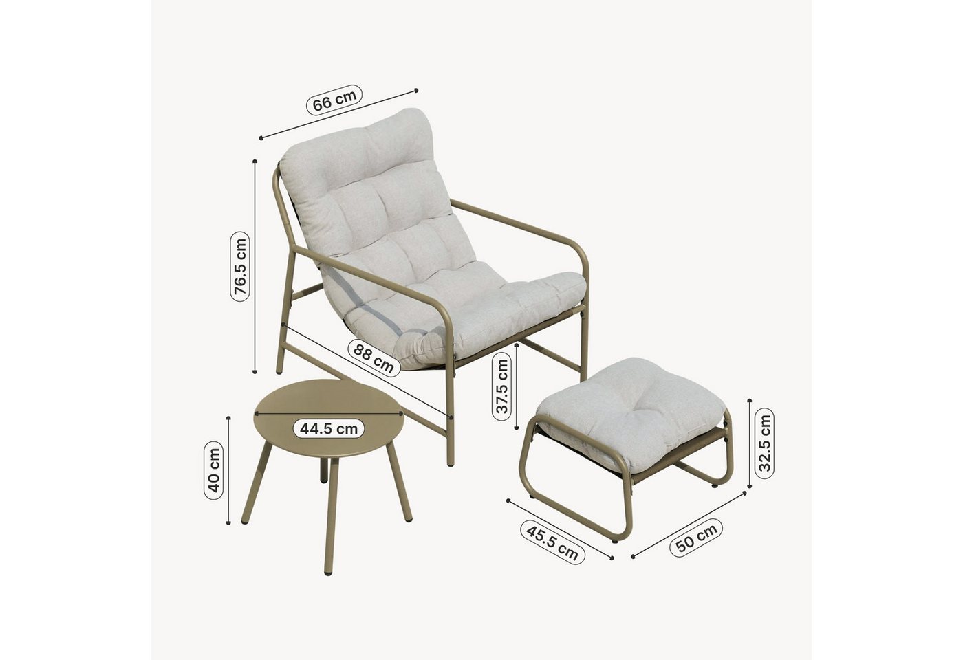 en.casa Gartenlounge-Set, (Set, 3-tlg., Gartenstuhl, Gartentisch, Fußhocker), »Trerdfjoa« Polsterkissen Metallgestell Beige/Grau – Bild 5 von 5