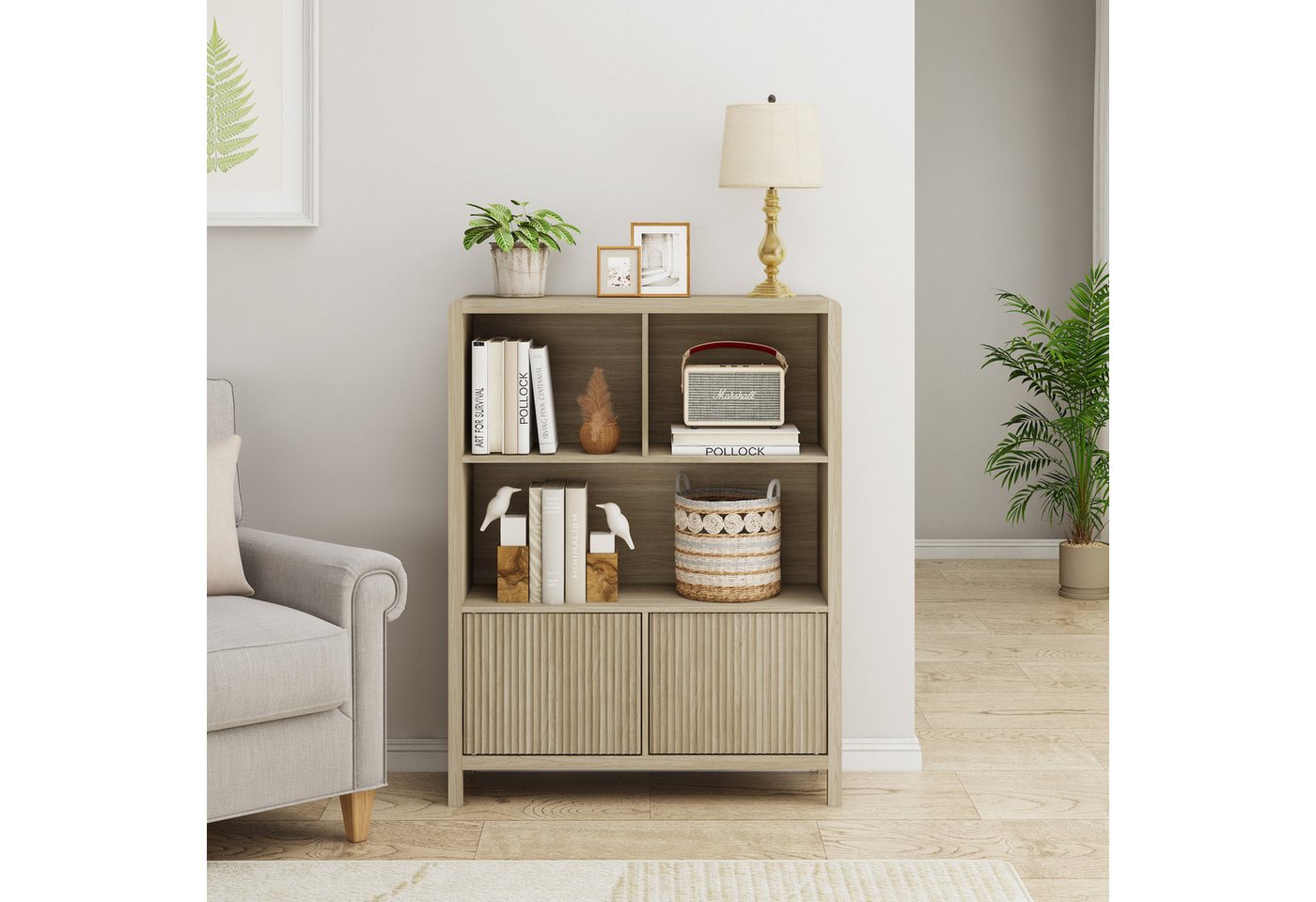 en.casa Highboard, »Lukkodso« mit 2 Türen,5 Fächern 103x80x28 cm Eicheoptik – Bild 2 von 5