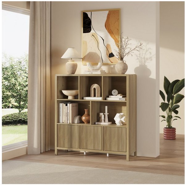 en.casa Highboard, »Lukkodso« mit 3 Türen, 8 Fächern 102x98x30 cm Eicheoptik, mittelhell