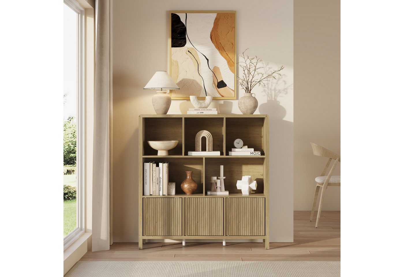 en.casa Highboard, »Lukkodso« mit 3 Türen, 8 Fächern 102x98x30 cm Eicheoptik, mittelhell – Bild 2 von 5