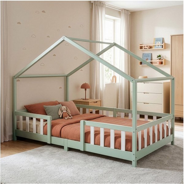 en.casa Kinderbett, »Treviolo« Haus-Optik Montessori 120x200 cm Mintgrün/Weiß