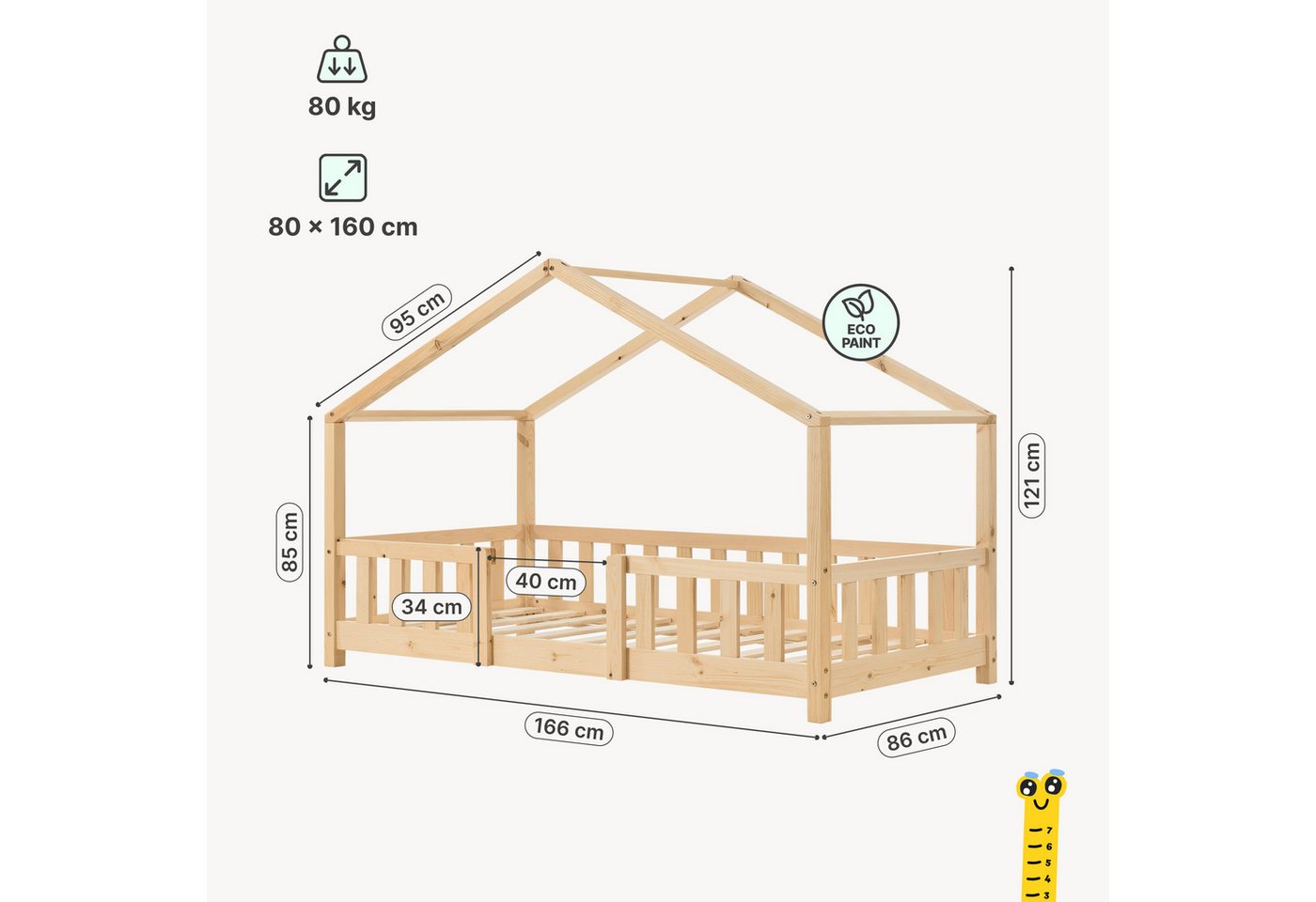 en.casa Kinderbett, »Treviolo« Haus-Optik Montessori 80x160 cm Holzfarben – Bild 3 von 5