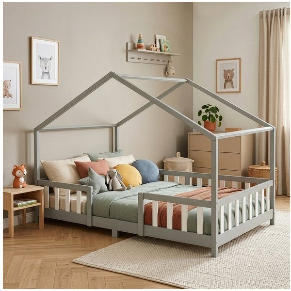 en.casa Kinderbett, »Treviolo« Haus-Optik Montessori 120x200 cm Hellgrau/Weiß
