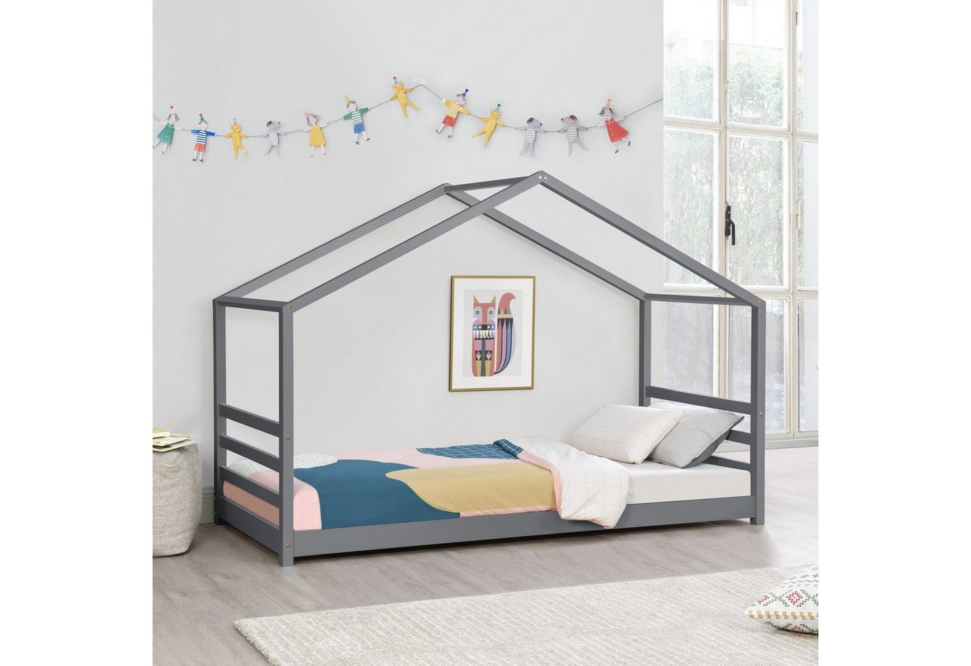 en.casa Kinderbett, »Vardø« Hausbett Jugendbett 90x200cm Kiefernholz dunkelgrau – Bild 2 von 5