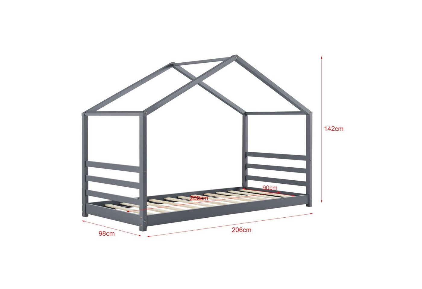 en.casa Kinderbett, »Vardø« Hausbett Jugendbett 90x200cm Kiefernholz dunkelgrau – Bild 3 von 5