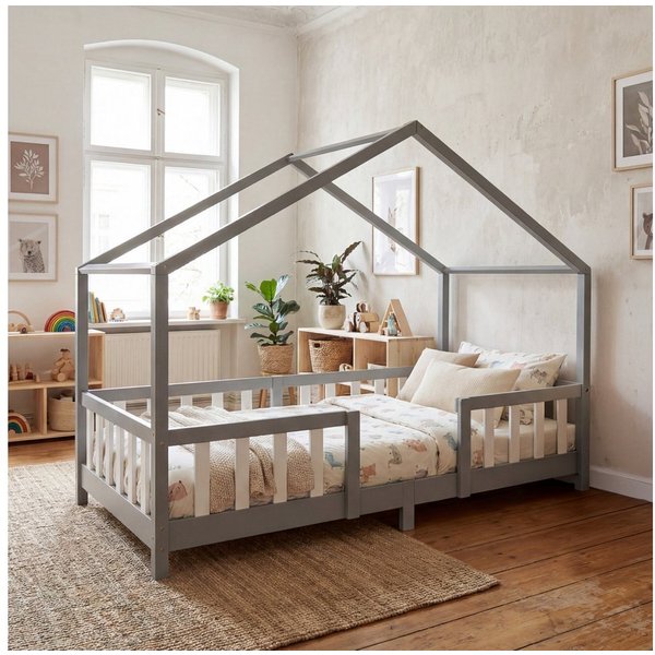en.casa Kinderbett, »Treviolo« Haus-Optik Montessori 90x200 cm Hellgrau/Weiß