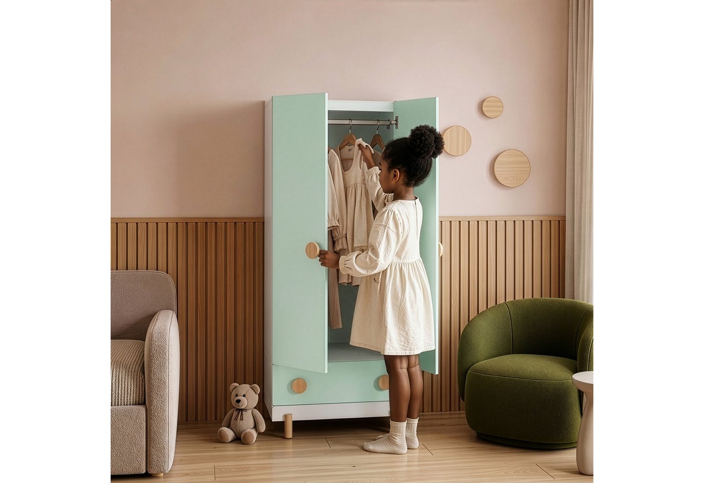 en.casa Kinderkleiderschrank »Vaarentaa« mit Schublade 126x60x41 cm Weiß/Mintgrün – Bild 4 von 5