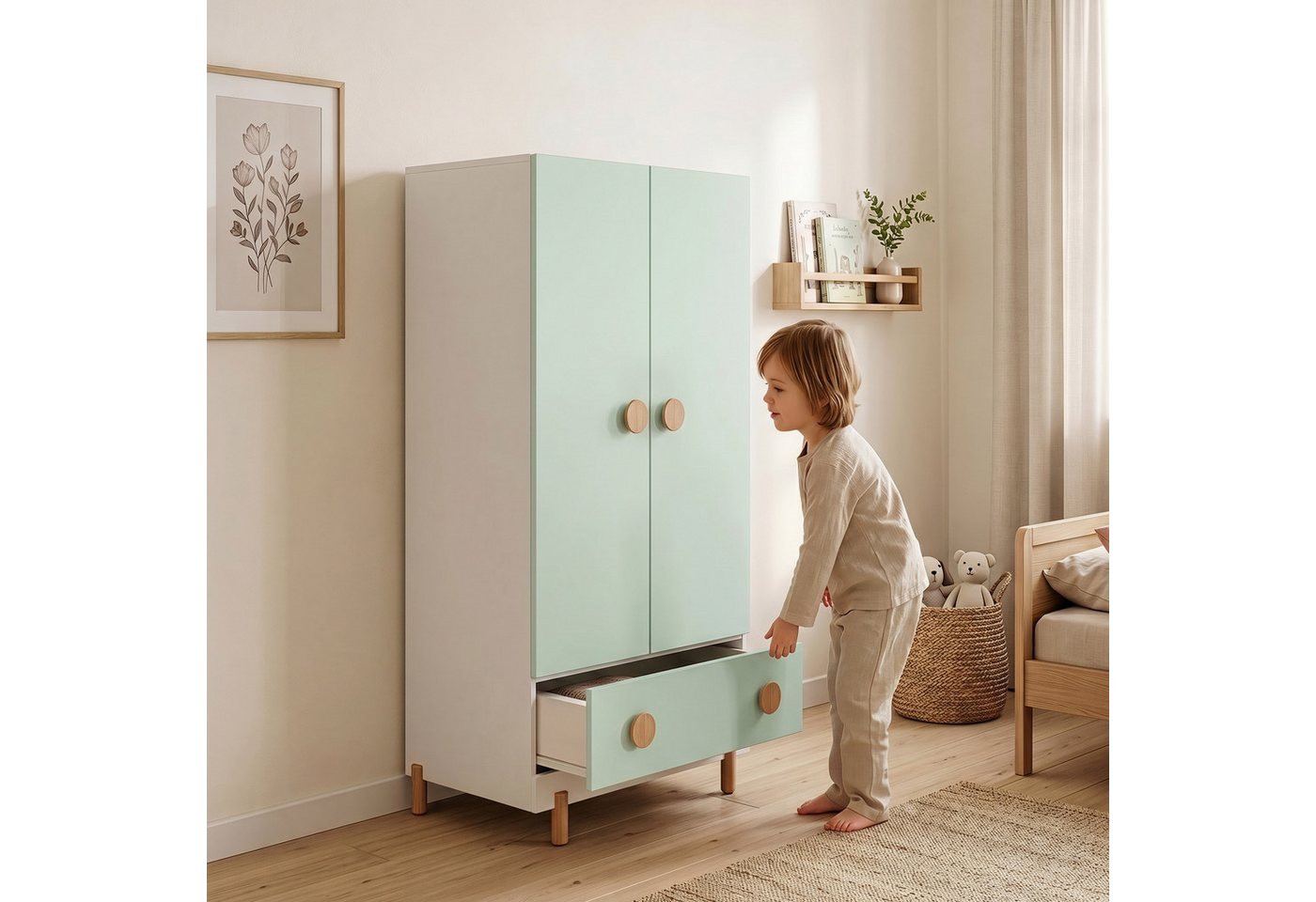 en.casa Kinderkleiderschrank »Vaarentaa« mit Schublade 126x60x41 cm Weiß/Mintgrün – Bild 5 von 5