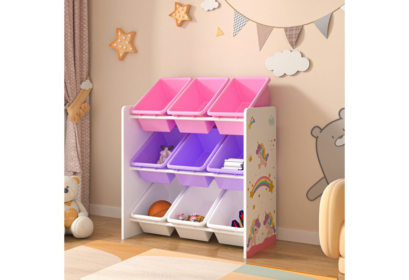 en.casa Kinderregal, »Muxía« mit 9 Ablagekisten Einhorn-Motiv 60x62x26,5 cm – Bild 2 von 5