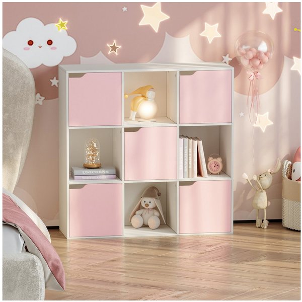 en.casa Kinderregal, »Ljunshund« mit 9 Fächern Würfel 90x90x30 cm Weiß/Rosa