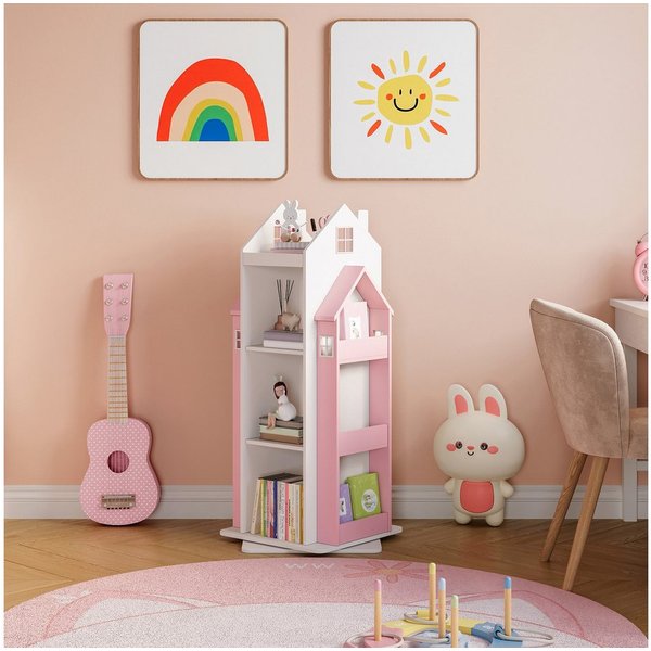 en.casa Kinderregal, drehbar »Vipsali« in Hausdesign 108x40x40 cm Rosa/Weiß