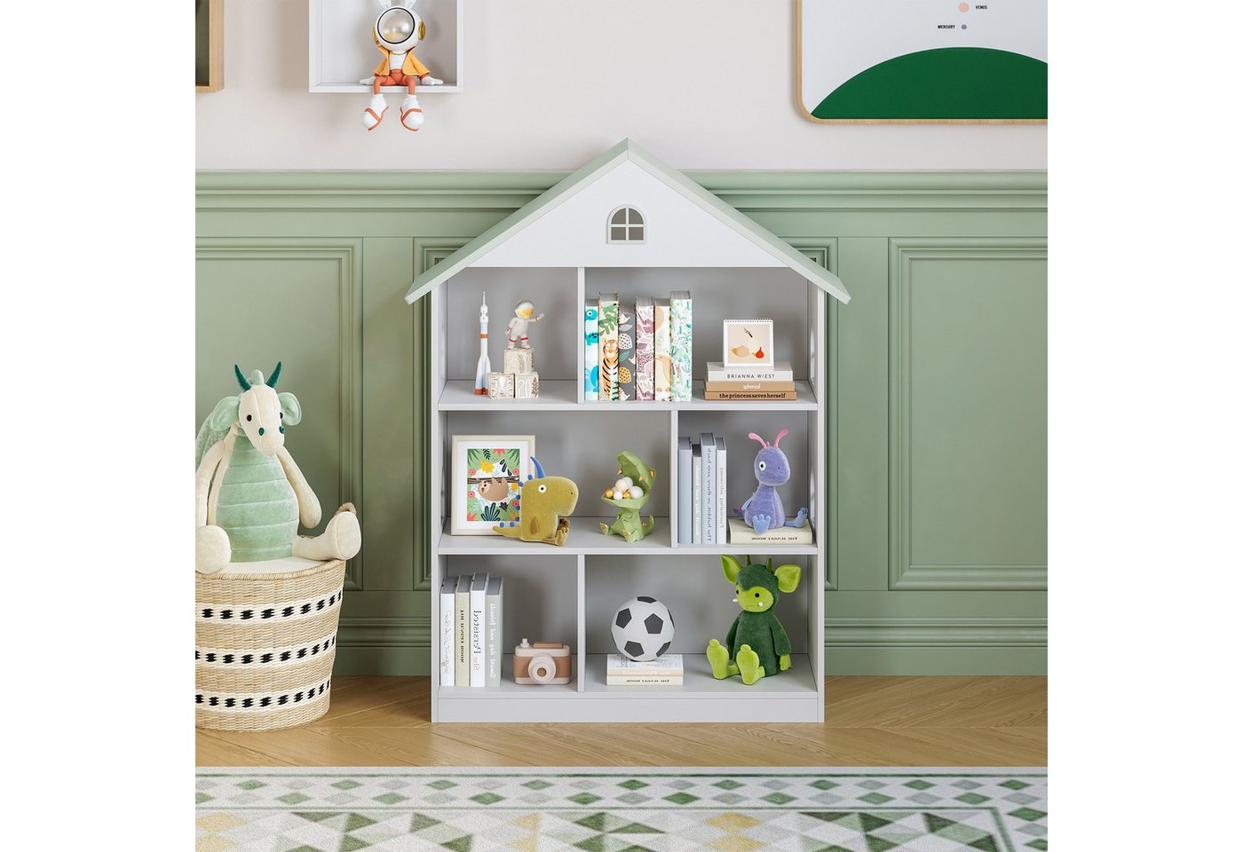 en.casa Kinderregal, »Vipsali« in Hausform 107 x 83 x 30 cm Weiß/Mintgrün – Bild 3 von 5