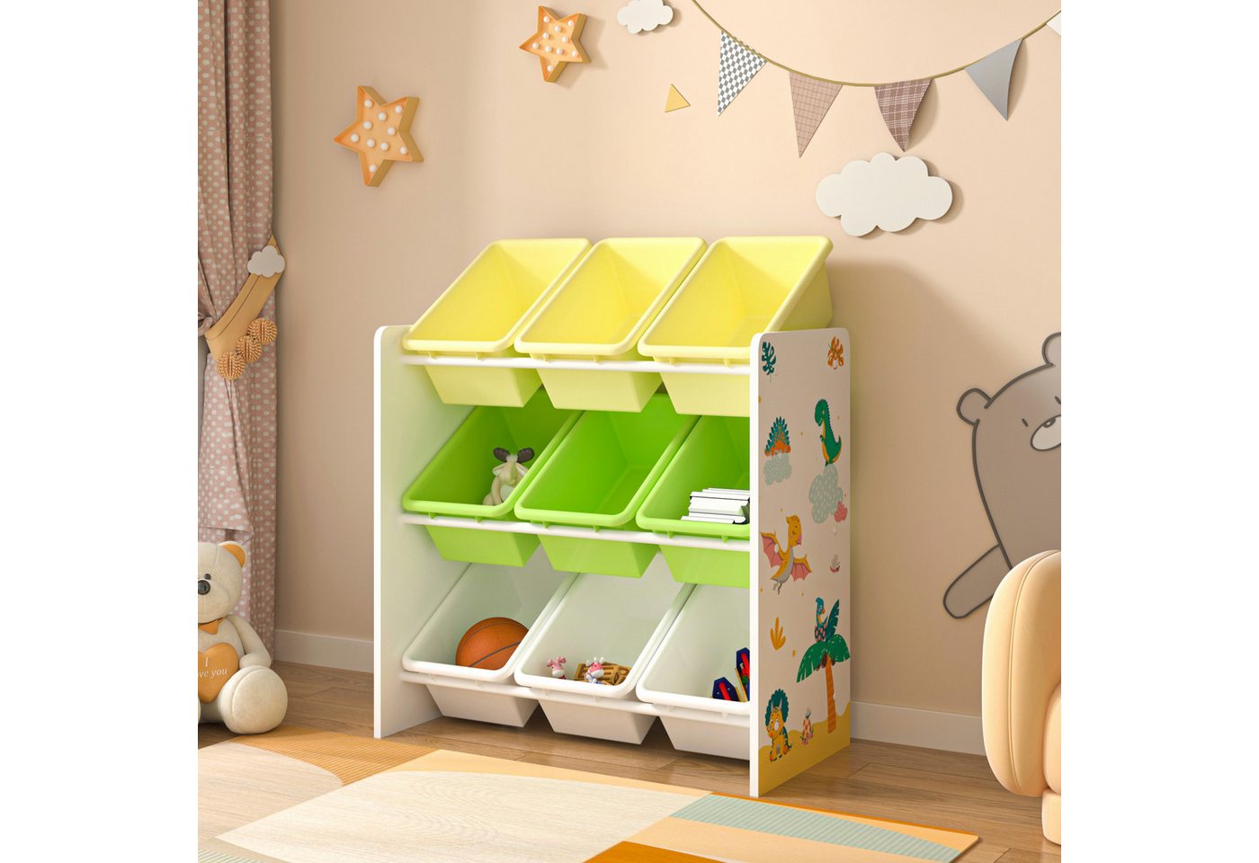 en.casa Kinderregal, »Muxía« mit 9 Ablagekisten Dinosaurier-Motiv 60x62x26,5 cm – Bild 2 von 5
