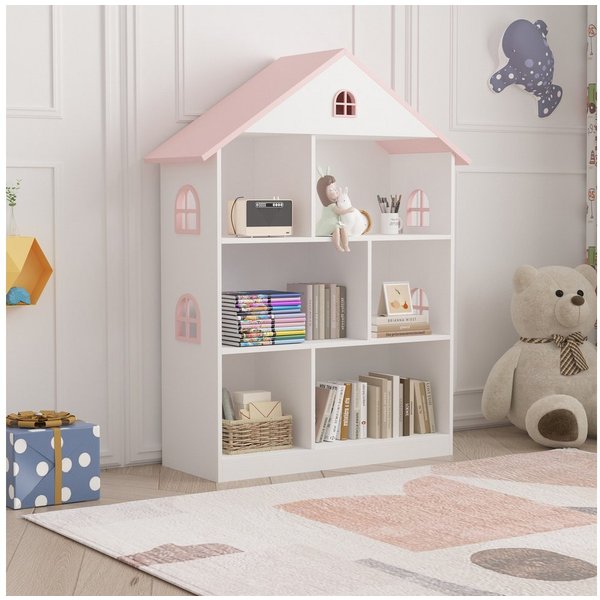 en.casa Kinderregal, »Vipsali« in Hausform 107 x 83 x 30 cm Weiß/Rosa