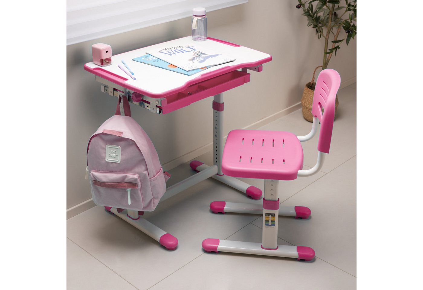 en.casa Kinderschreibtisch, Kinderschreibtischset »Sala« 2-tlg. Kindertisch mit Stuhl Pink – Bild 2 von 5