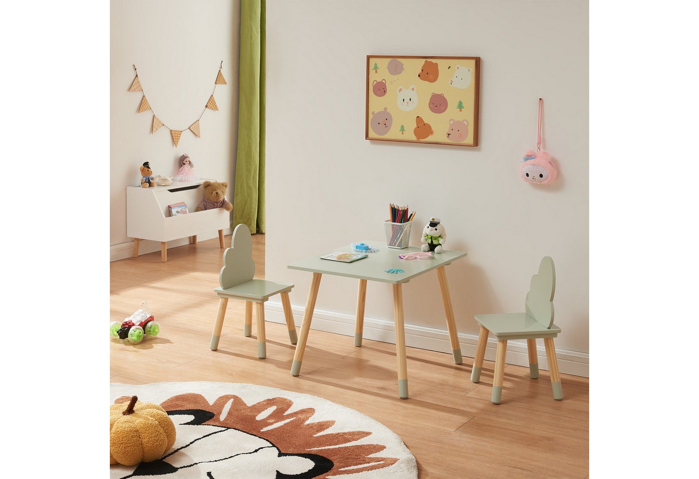 en.casa Kindersitzgruppe, (Set, 3-tlg), »Hovle« mit Wolken-Design Kiefernholz+MDF Mintgrün – Bild 2 von 5