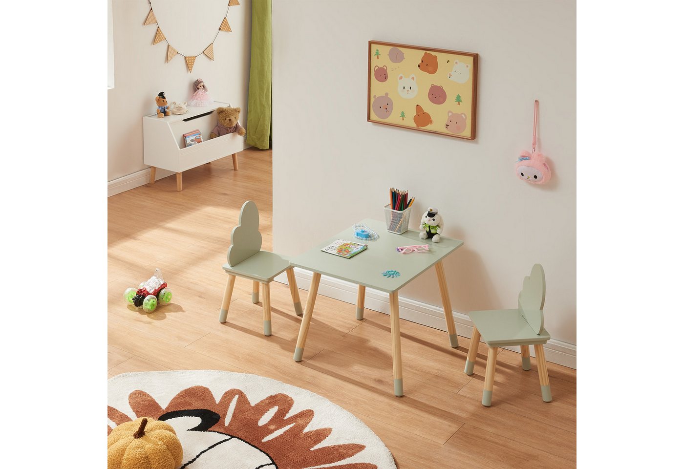 en.casa Kindersitzgruppe, (Set, 3-tlg), »Hovle« mit Wolken-Design Kiefernholz+MDF Mintgrün – Bild 3 von 5