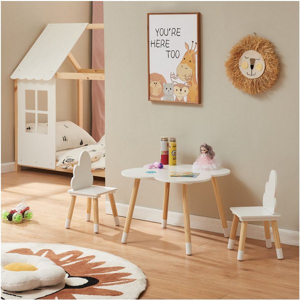 en.casa Kindersitzgruppe, (3-tlg., Tisch mit 2 Stühlen), »Epim« Kindertischset Wolkendesign Weiß