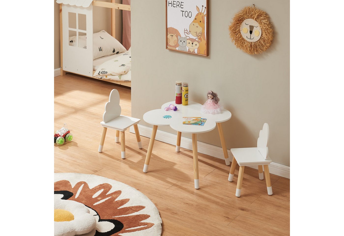 en.casa Kindersitzgruppe, (3-tlg., Tisch mit 2 Stühlen), »Epim« Kindertischset Wolkendesign Weiß – Bild 2 von 5