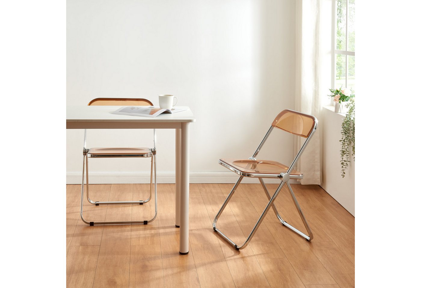 en.casa Klappstuhl (2 St), »Pornainen« Besucherstuhl Stahlgestell Orange, transparent – Bild 2 von 5