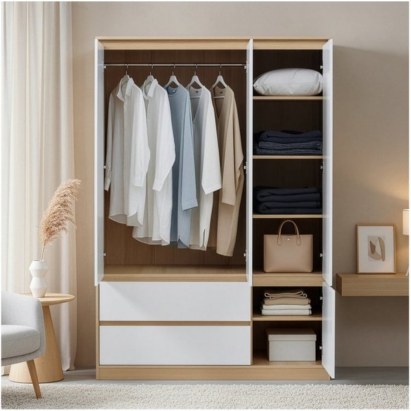 en.casa Kleiderschrank »Bastheim« 4 Türen, 6 Fächer, 2 Schubladen Eiche / Weiß