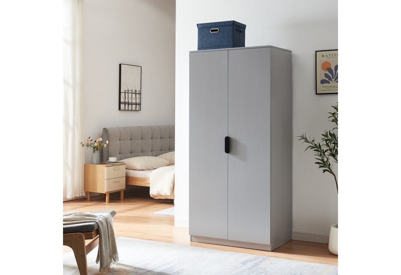 en.casa Kleiderschrank »Eiselfing« 2 Türen, 1 Stange, 4 Fächer 176x80x52 cm Grau – Bild 2 von 5
