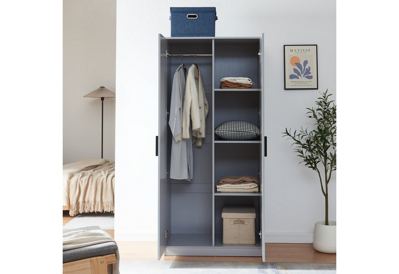 en.casa Kleiderschrank »Eiselfing« 2 Türen, 1 Stange, 4 Fächer 176x80x52 cm Grau – Bild 4 von 5