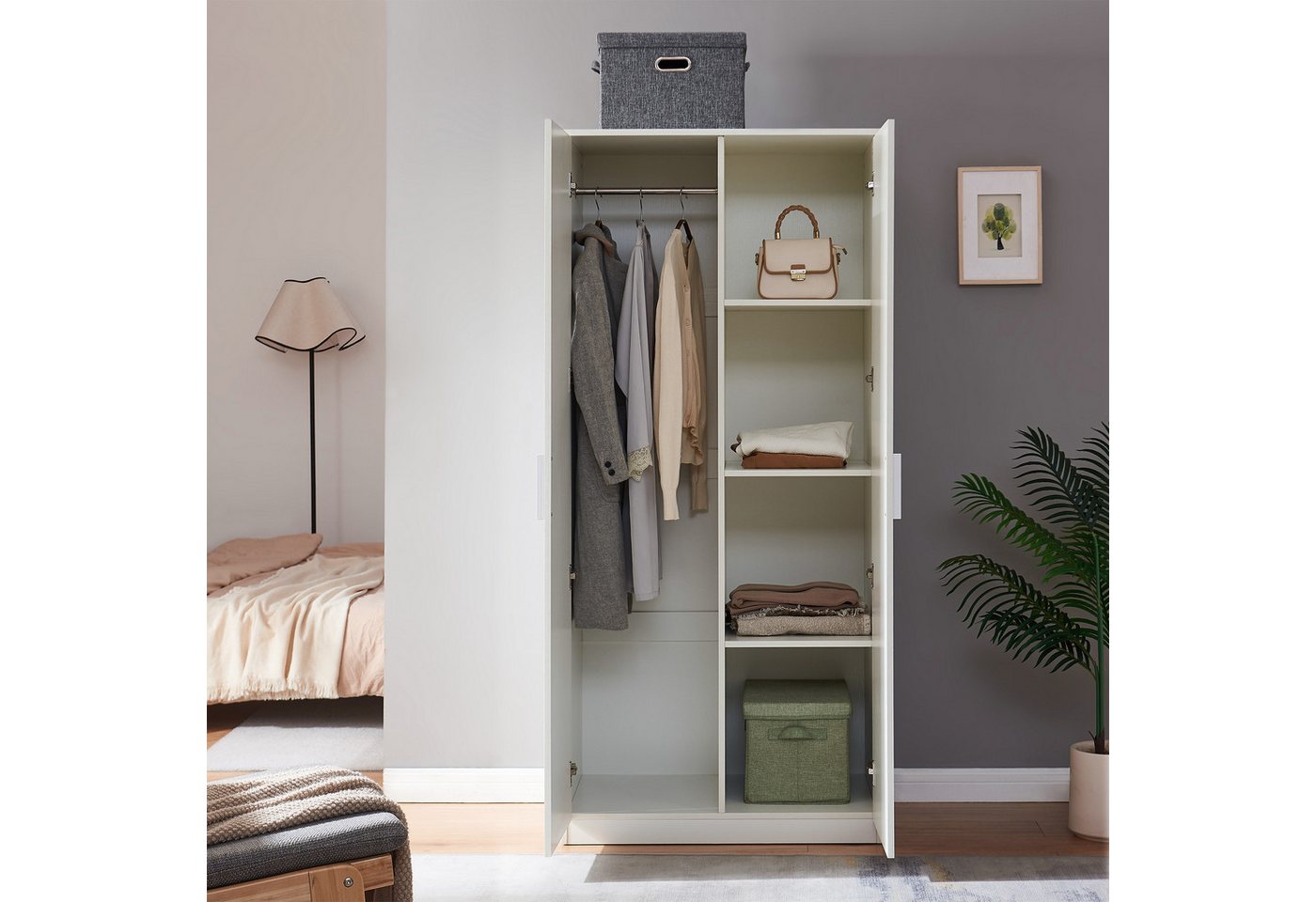 en.casa Kleiderschrank »Eiselfing« 2 Türen, 1 Stange, 4 Fächer 176x80x52 cm Weiß – Bild 4 von 5