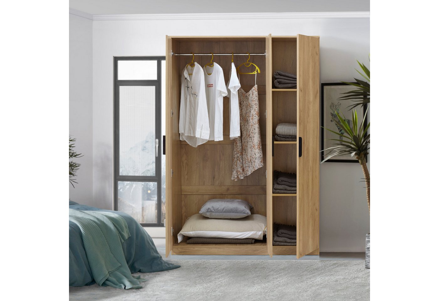 en.casa Kleiderschrank »Eiselfing« 3 Türen, 1 Stange, 4 Fächer 176x120x52 cm Eiche – Bild 2 von 5